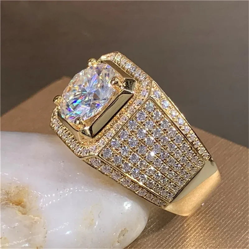 14K Gold Silver-Tone Men's Solitaire Ring – 2ct Lab Diamond Moissanite, Engagement or Wedding Band
