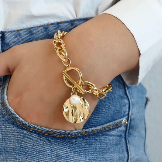 AENSOA 2024 Vintage Bohemian Chunky Chain Bracelet – Gold-Tone Round Charm Jewelry for Women
