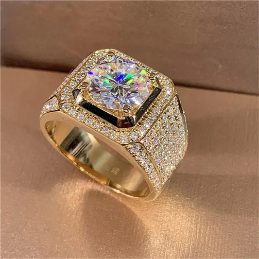 14K Gold Silver-Tone Men's Solitaire Ring – 2ct Lab Diamond Moissanite, Engagement or Wedding Band